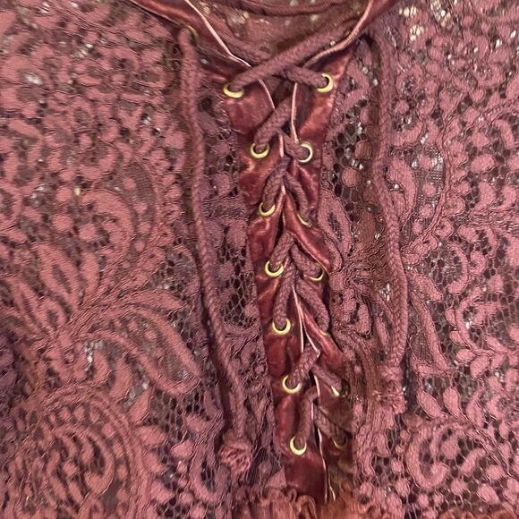 Coco + Jaimeson C+J Collection Boho Brown Lace Up Trumpet Sleeve Lace Top Sz M - Picture 7 of 9